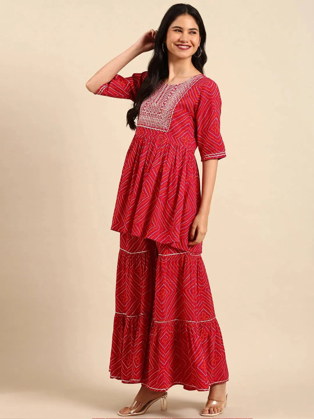Magenta Bandhini Print Cotton Women's Kurta Sets | Showoff