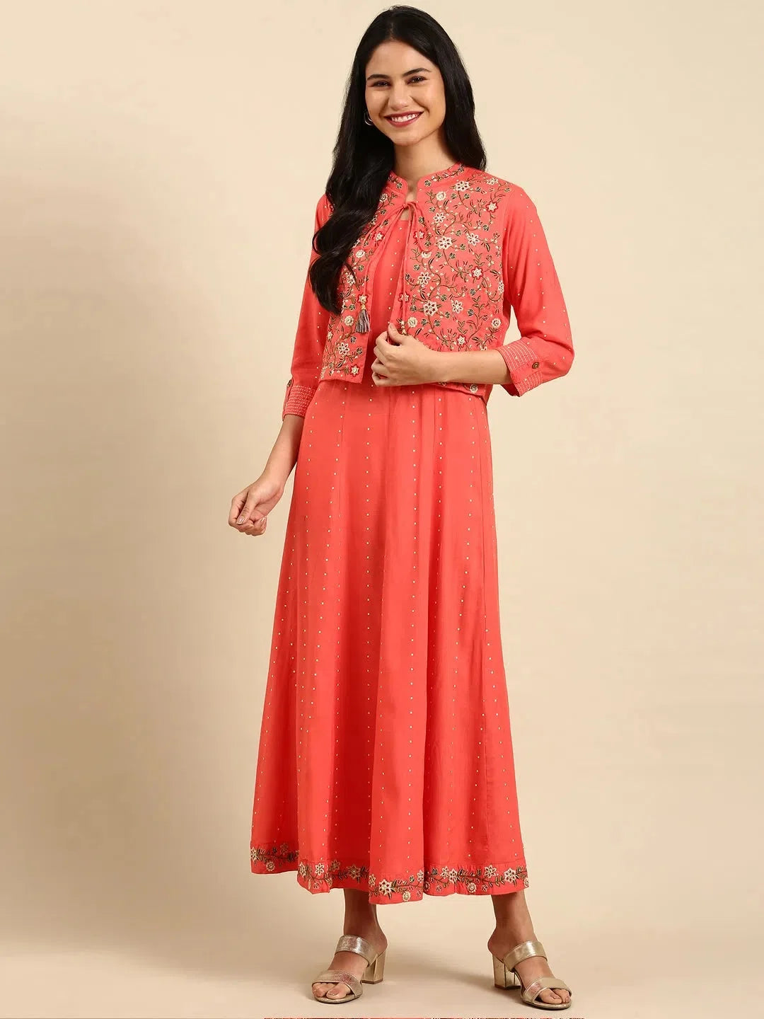 Coral Printed Anarkali Kurta - Women's Cotton Anarkali Gown