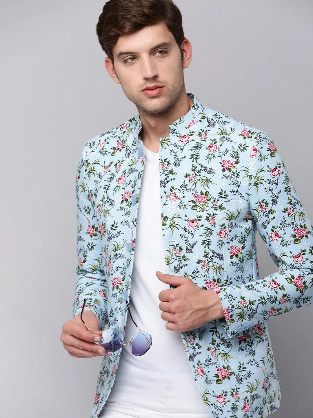 Men's Blue Printed Blazer | Modern Ethnic Nehru Collar Jacket