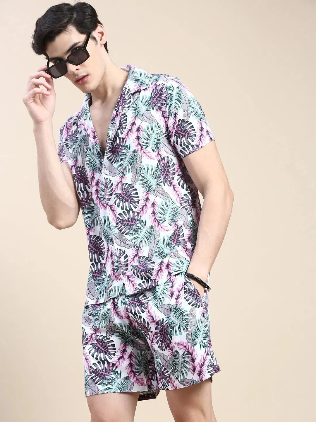 Men's Printed Co ord Sets - Casual White Two Piece Sets