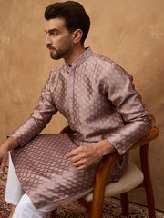 Ethnic Bay Men Mauve Silk Blend Solid Woven Design Straight Kurta With Pant Set-MKSET1458