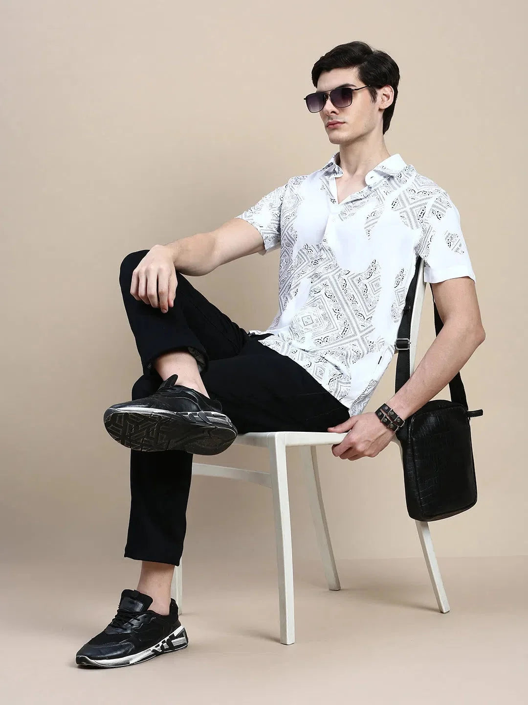 White Printed Mens Shirt - Ethnic Motifs Cotton Shirt | DesiQlo