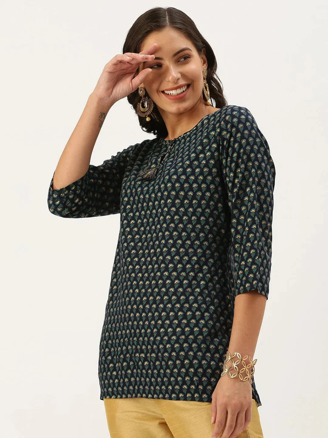 Navy Blue Printed Straight Kurti - Indian Kurtis for Women