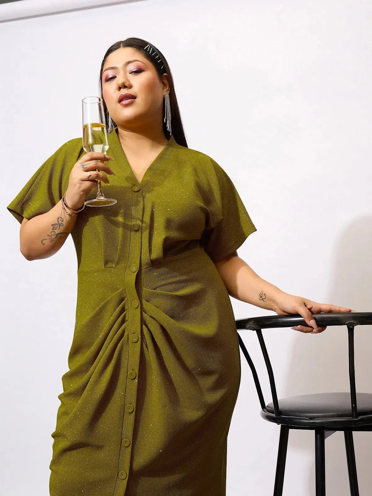 Olive Glitter Bodycon Dress | Front Button Women's Dress