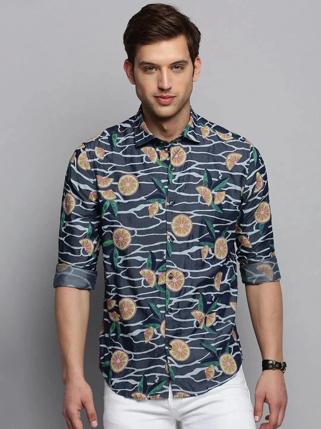 Navy Printed Mens Shirt - Cotton Formal Shirts | DesiQlo