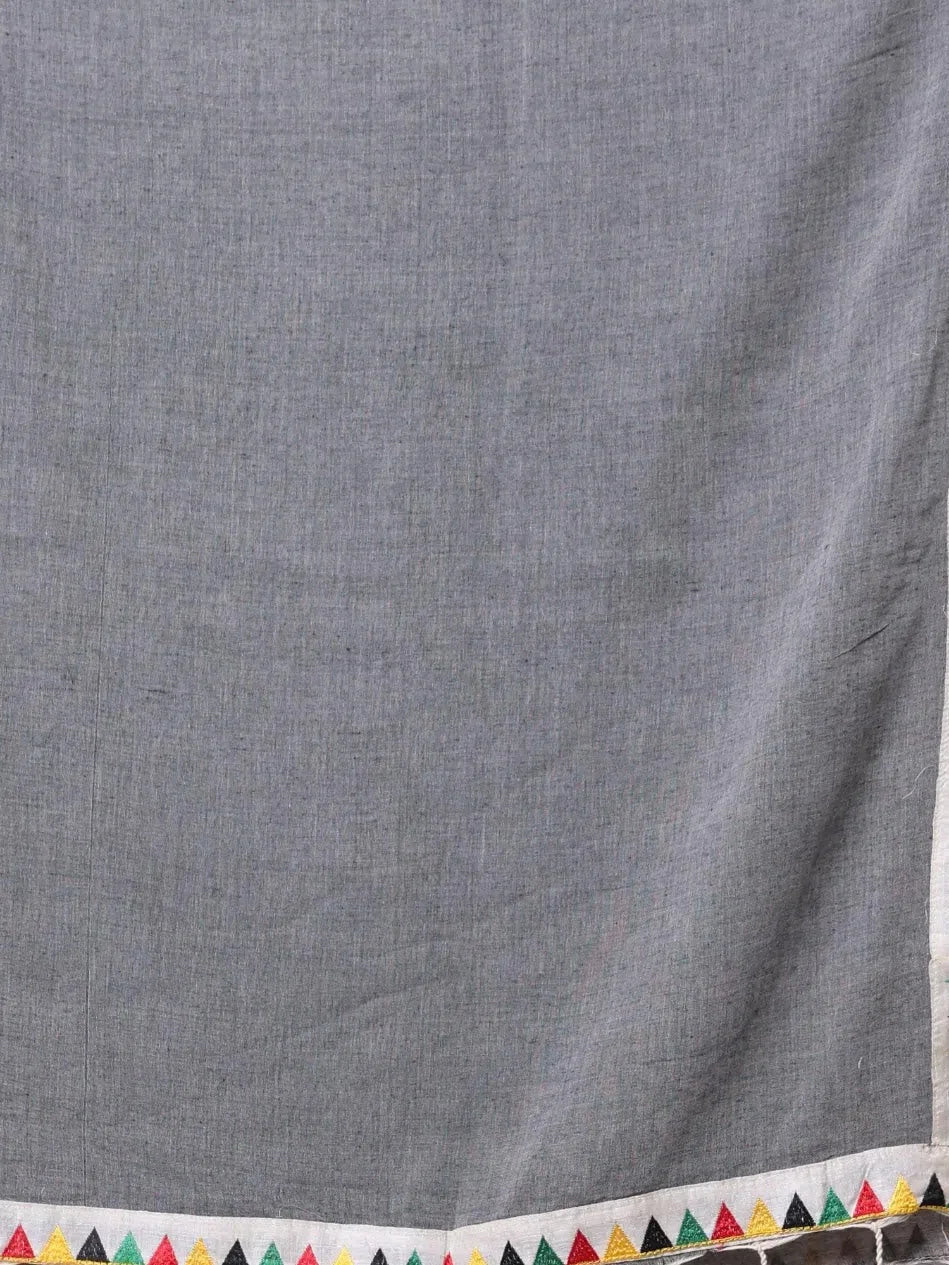 Grey Cotton Saree with Patch Border | Designer Sarees India