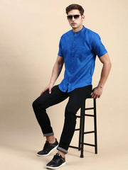 Men Blue Solid Casual Shirt-TOGOLINEN-5577-Blue