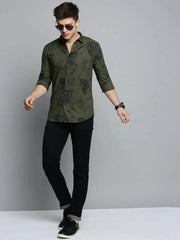Men Green Printed Casual Shirt-COLMPRINT-3101-Olive