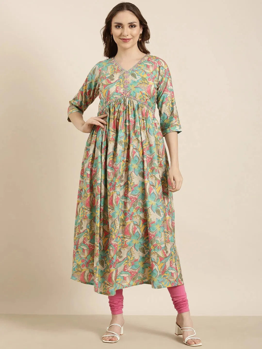 Sea Green Floral Anarkali Kurti for Women - Cotton Anarkali Dress