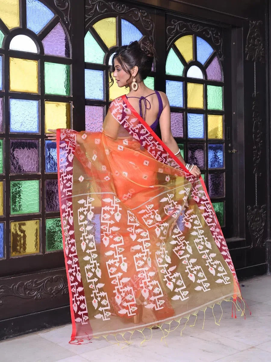 Orange Linen Saree with Jamdani - Designer Sarees India