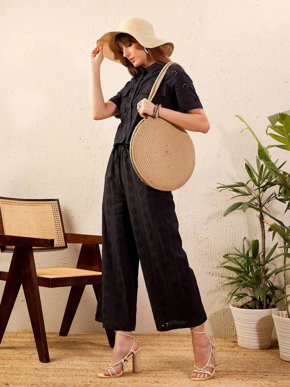 Black Cotton Schiffli Co-ord Set - Crop Shirt and Wide Leg Pant