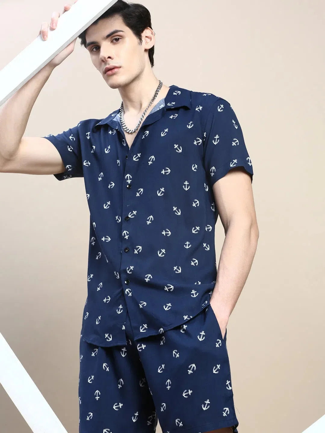 Men's Navy Printed Casual Co ord Set | Cotton Two Piece Sets