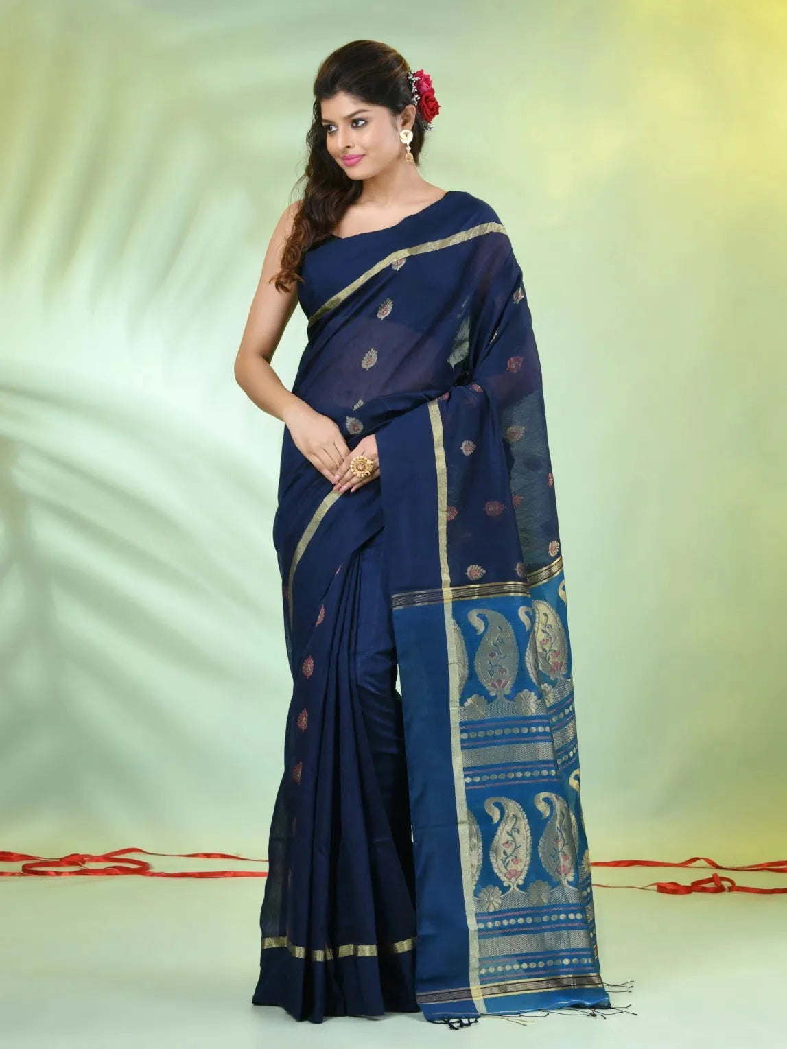 Navy Blue Cotton Saree: Indian Sari with Ethnic Motifs