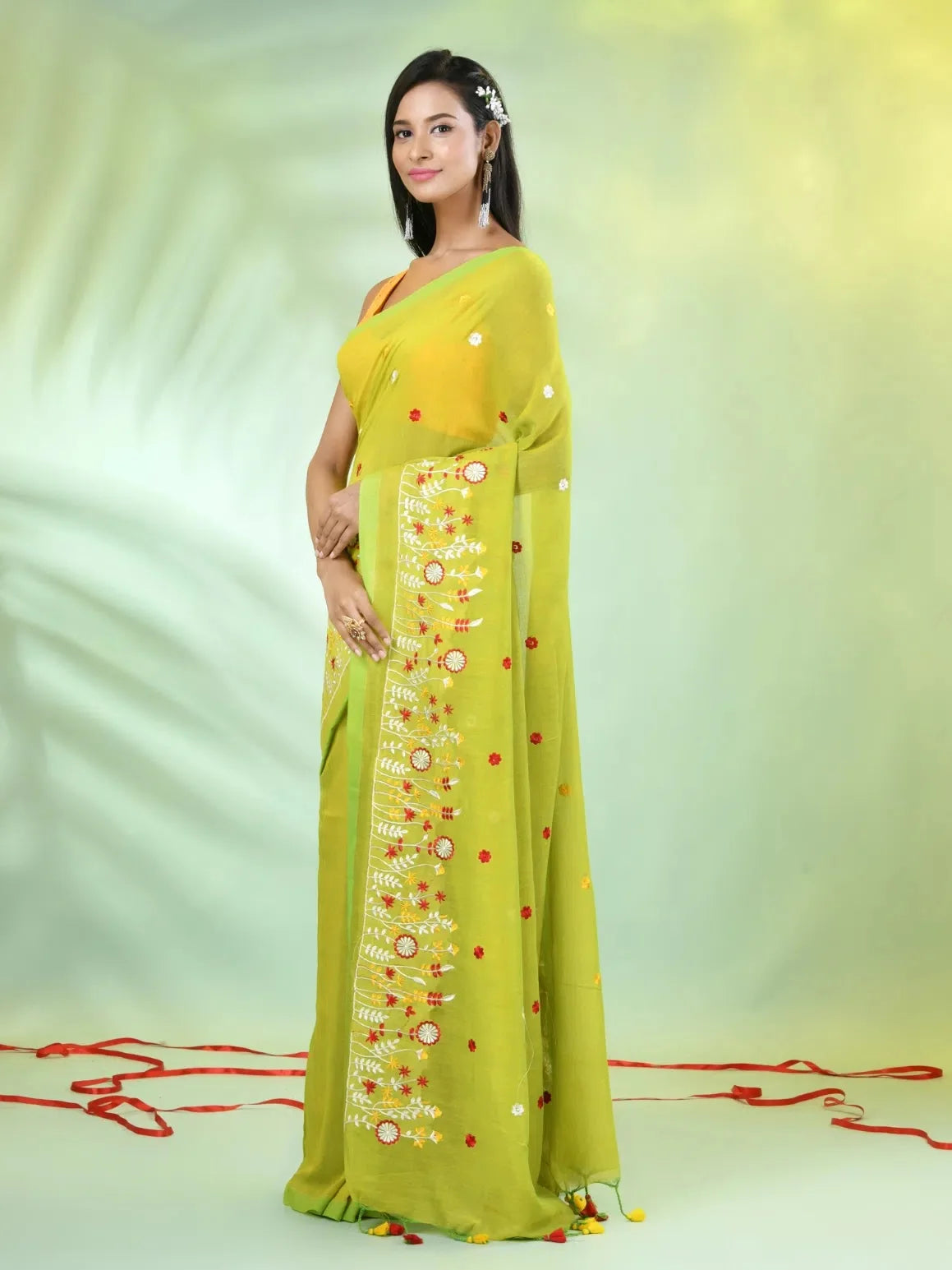 Lime Green Embroidered Cotton Saree | Designer Sarees India