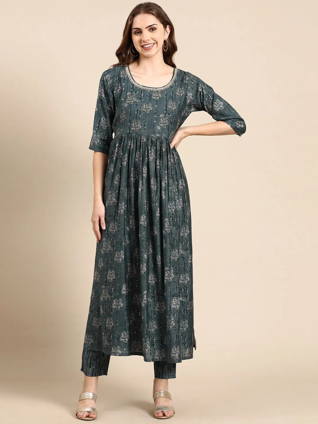 Teal Floral Print Kurta Set - Women's Designer Kurta Sets