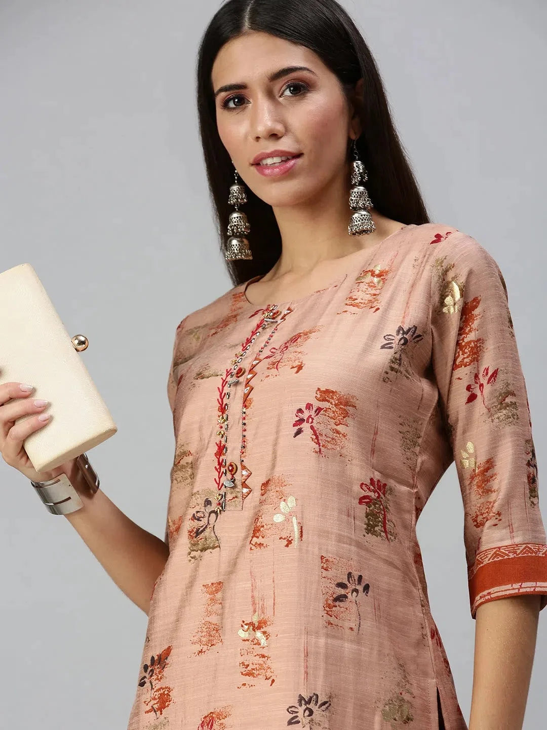 Peach Floral Kurta Set | Women's Designer Indian Kurta Sets