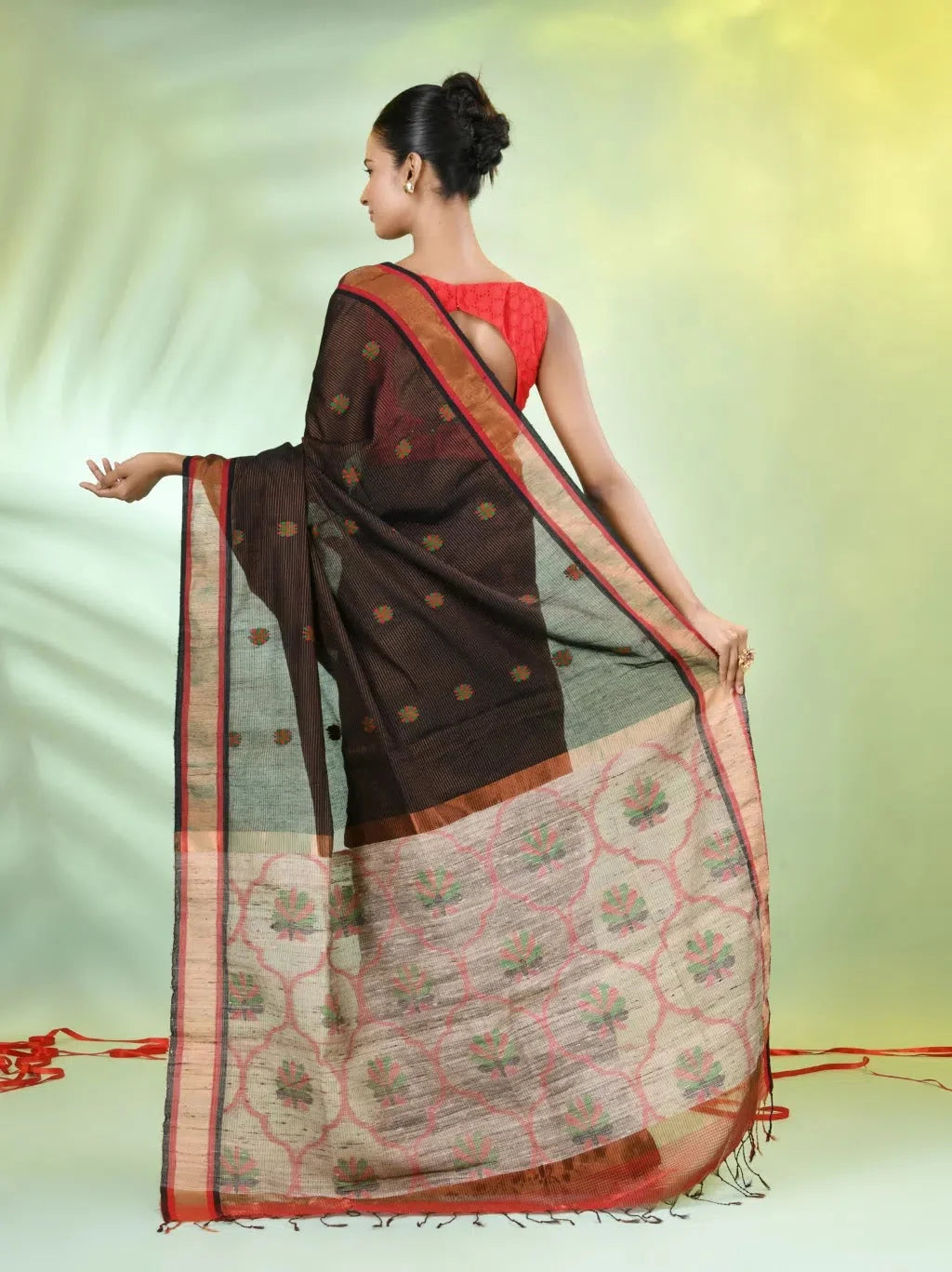 Black Cotton Saree with Jute Pallu | Indian Sari