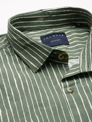 Men Green Striped Casual Shirt-BENTONPRINT-4018-Olive