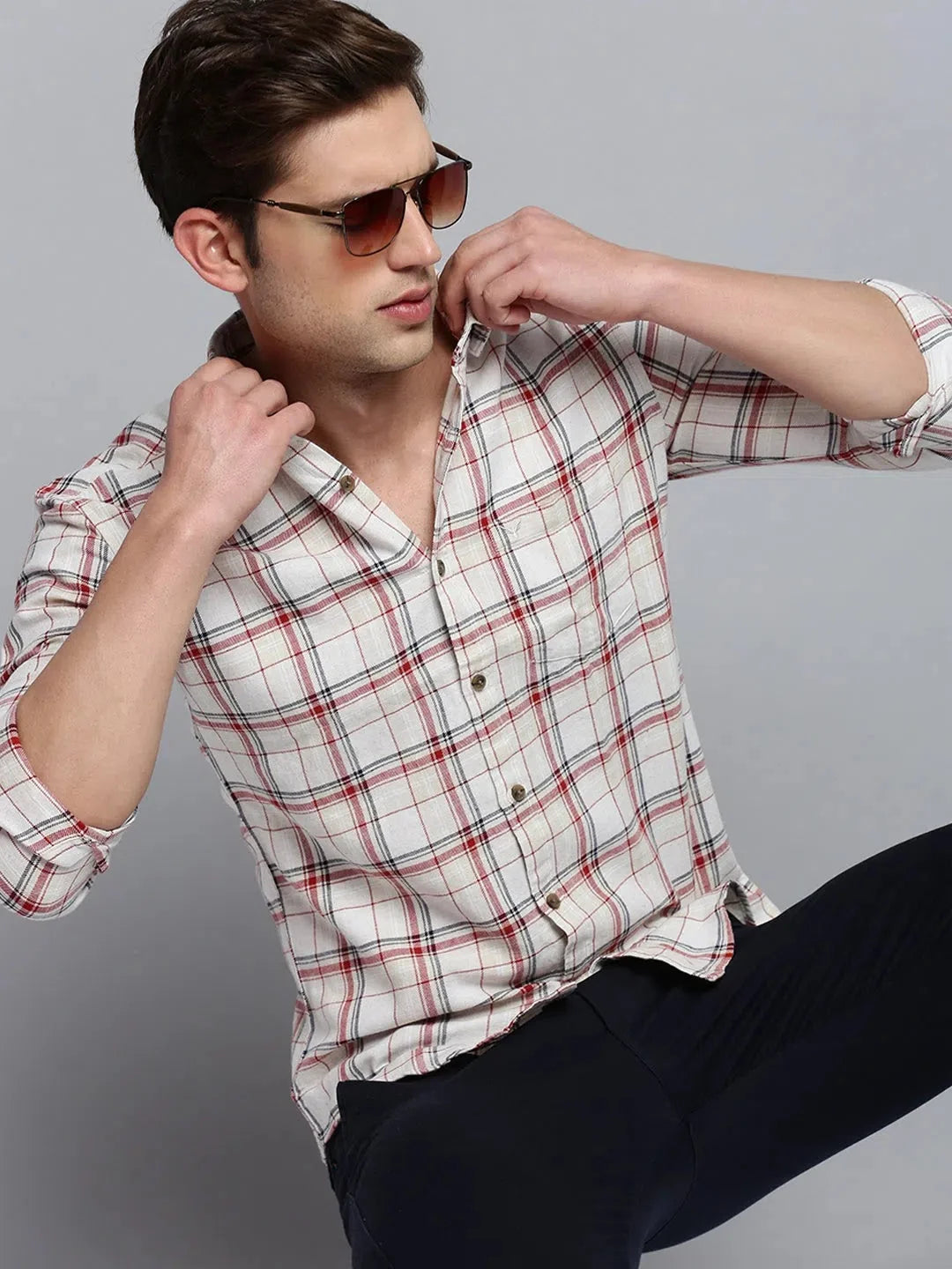 Beige Checked Mens Shirt - Casual Cotton Shirt by DesiQlo