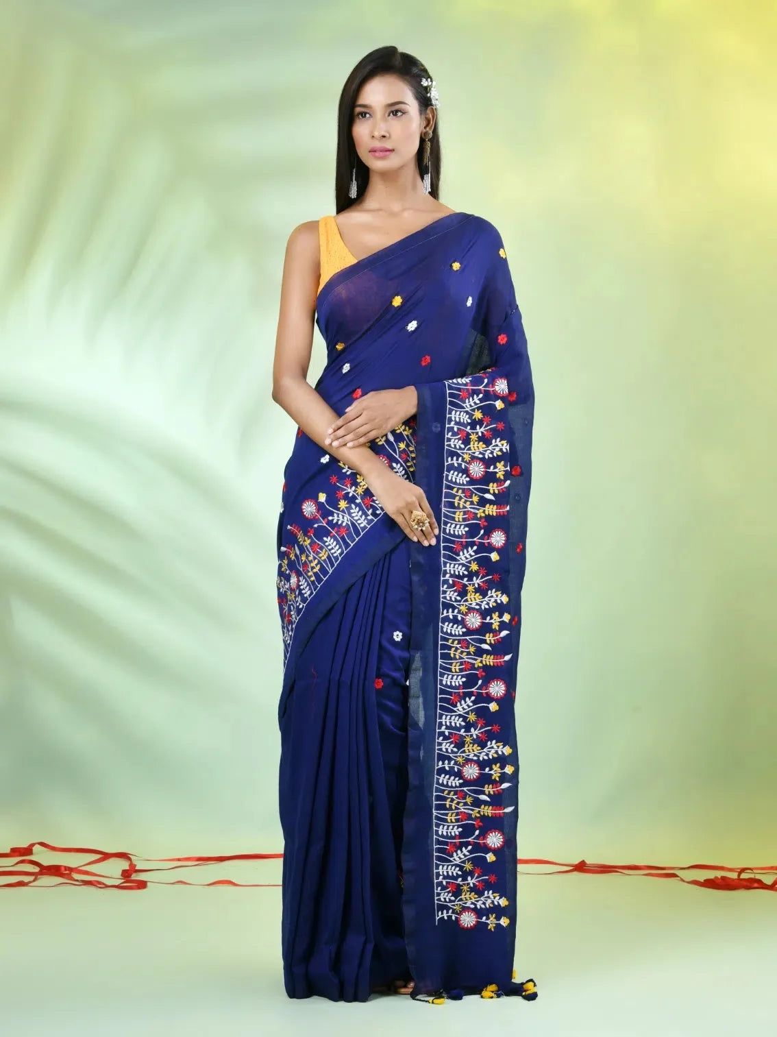 Blue Floral Embroidered Cotton Saree | Designer Sarees India