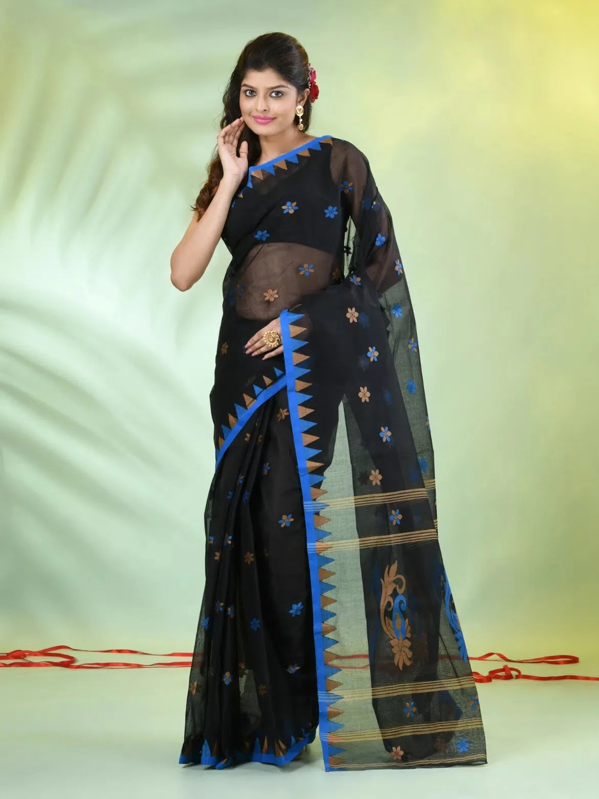 Black Cotton Saree: Temple Border Indian Sari