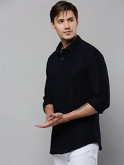 Men Navy Solid Casual Shirt-SAATVIKKNITS-4444-Navyblue