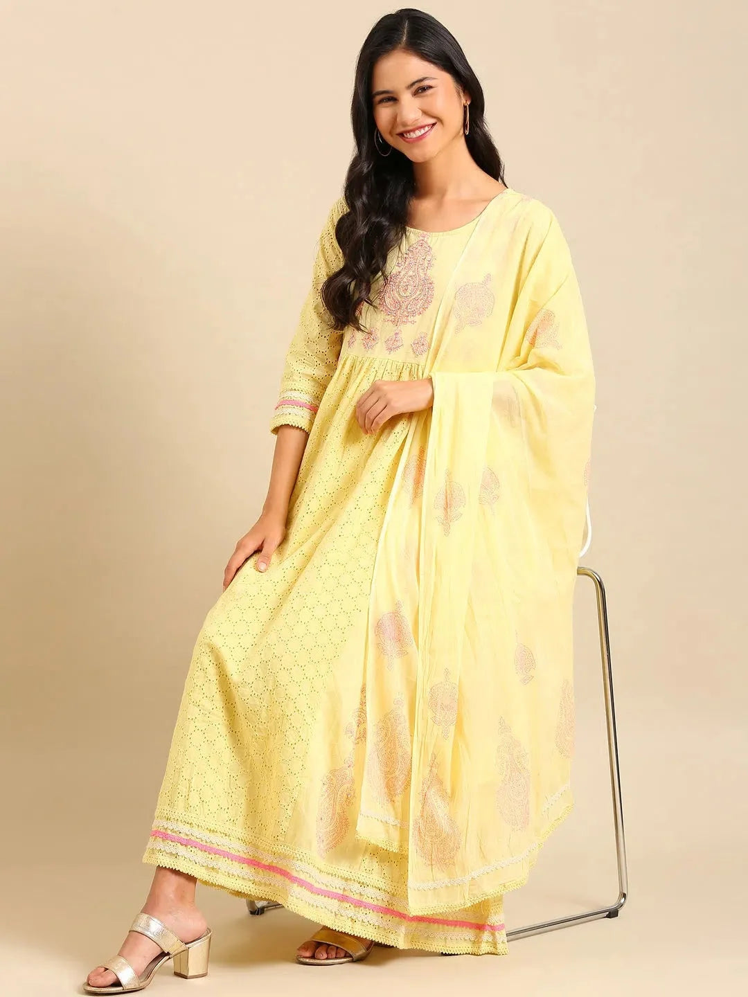 Yellow Embroidered Kurta Set | Cotton Women's Kurta Sets