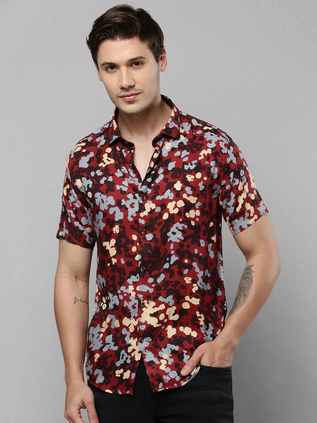 Maroon Printed Mens Shirt - Cotton Casual Shirt by DesiQlo
