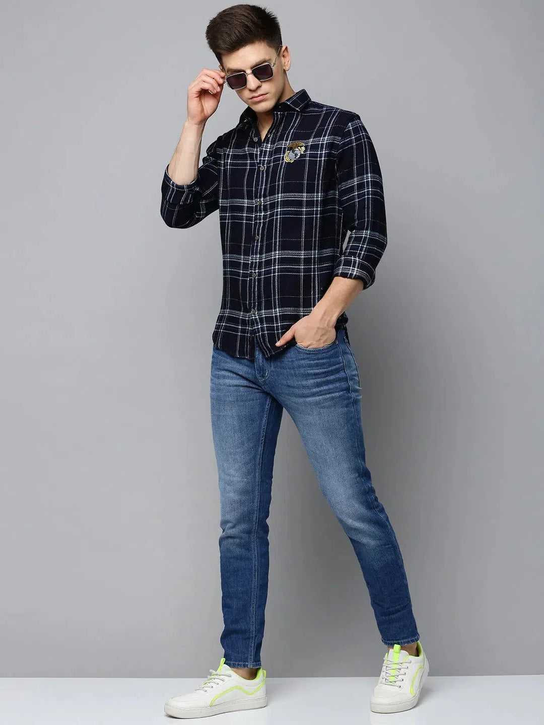 Mens Navy Checked Cotton Shirt | DesiQlo Casual Formal Shirts