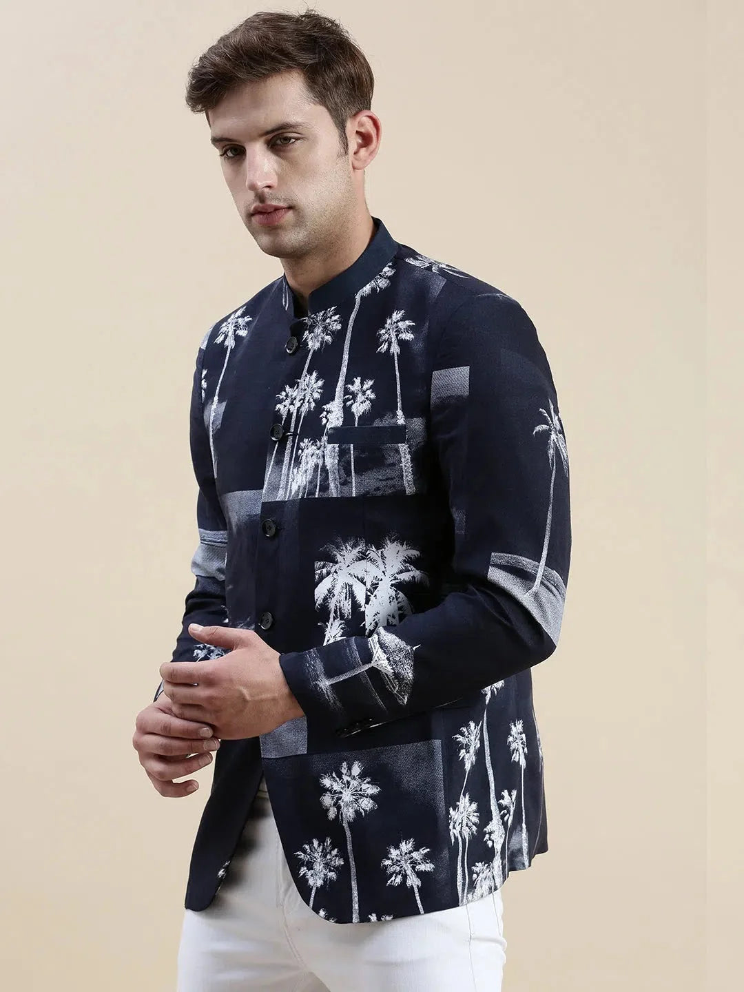 Men's Navy Printed Casual Blazer | Nehru Jacket Wedding