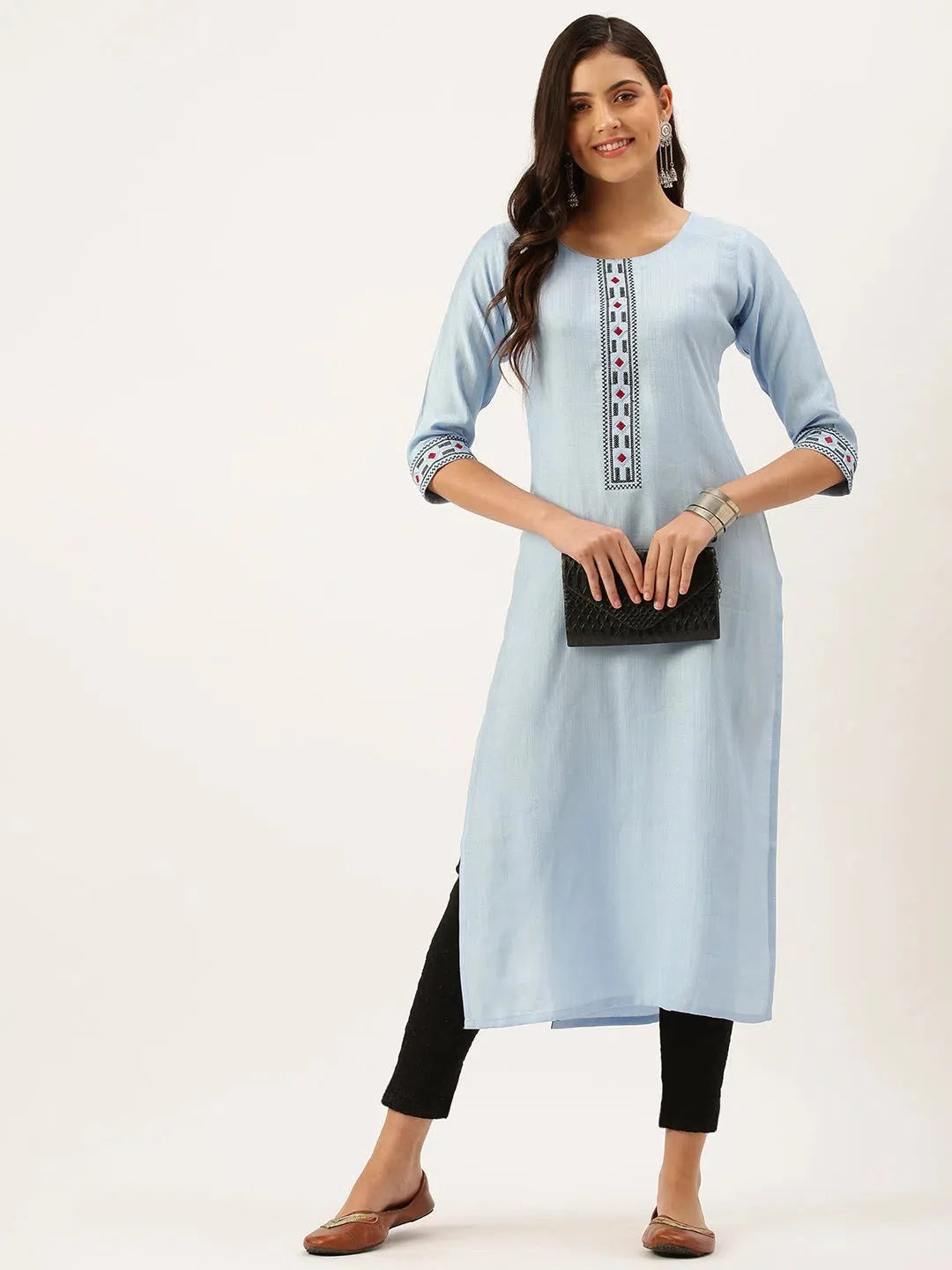 Blue Embroidered Cotton Kurta Indian Ladies Fashion | DesiQlo