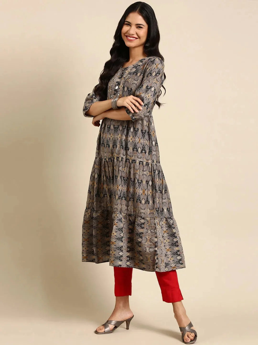 Grey Printed Anarkali Kurta | Women's Anarkali Kurti - DesiQlo