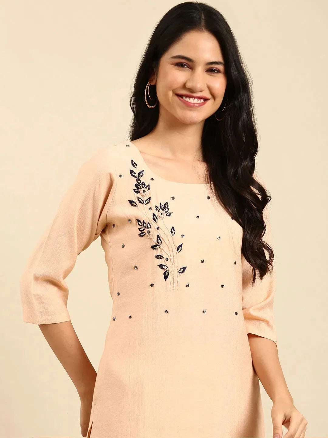 Peach Embroidered Cotton Women's Kurta Set | Indian Sets