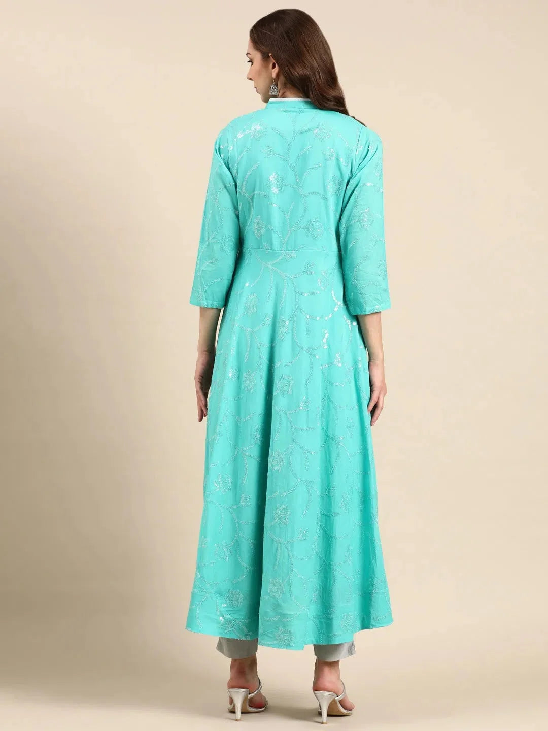 Sea Green Embellished Cotton Anarkali Kurti | DesiQlo