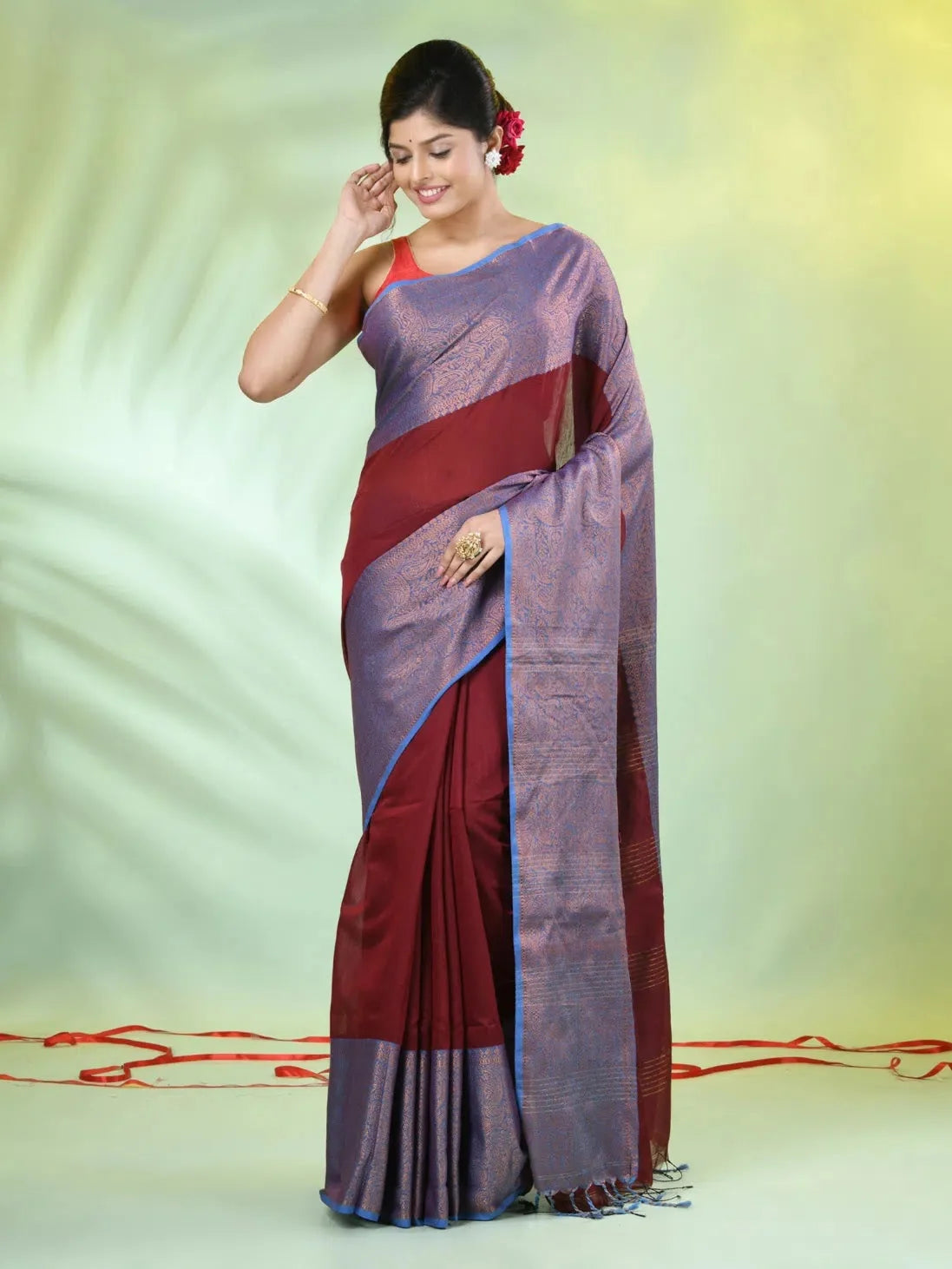 Maroon Cotton Sari with Zari - Elegant Indian Sari