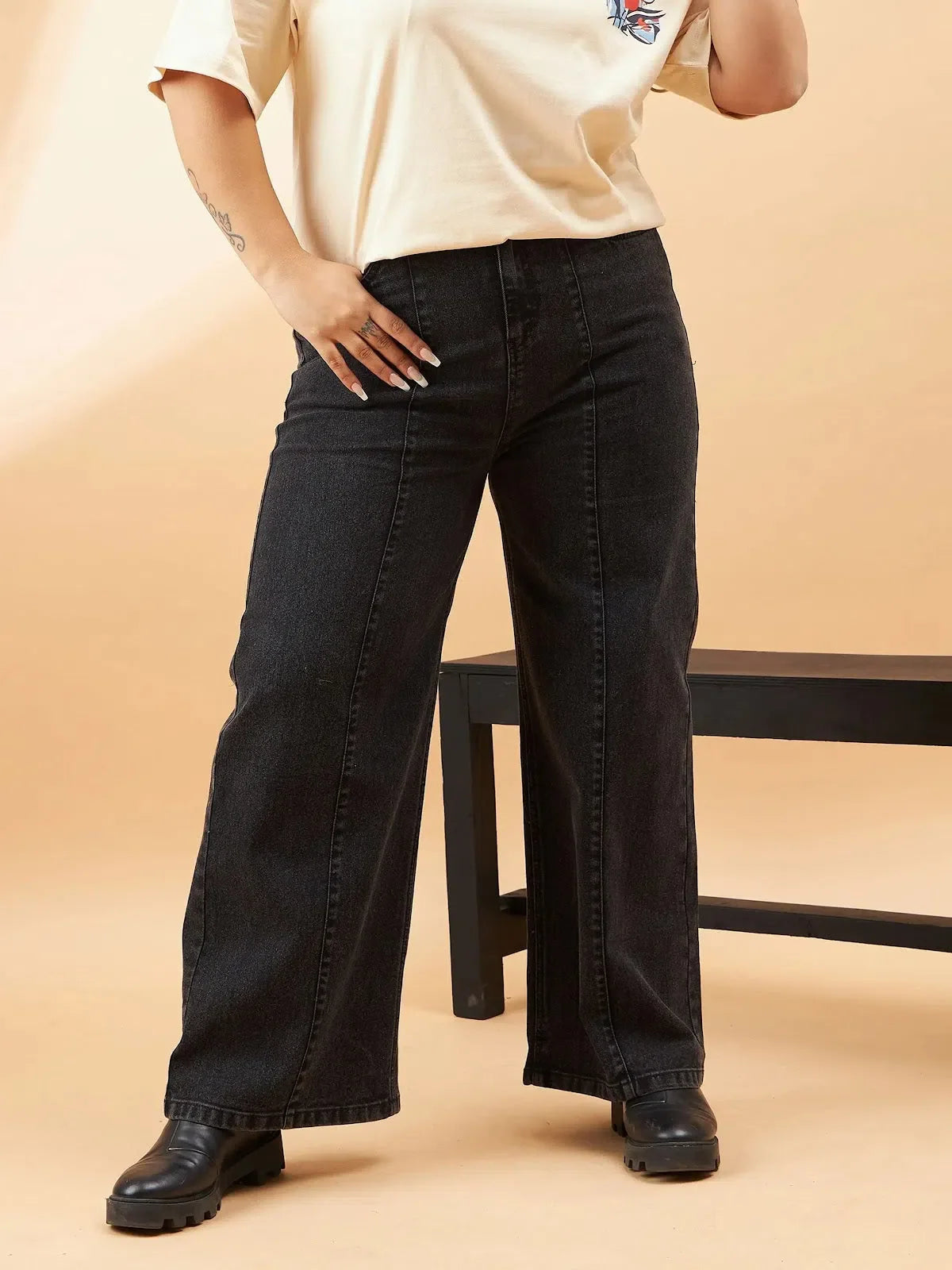 Black Acid Wash High Waist Jeans - Women's Straight Leg Denim