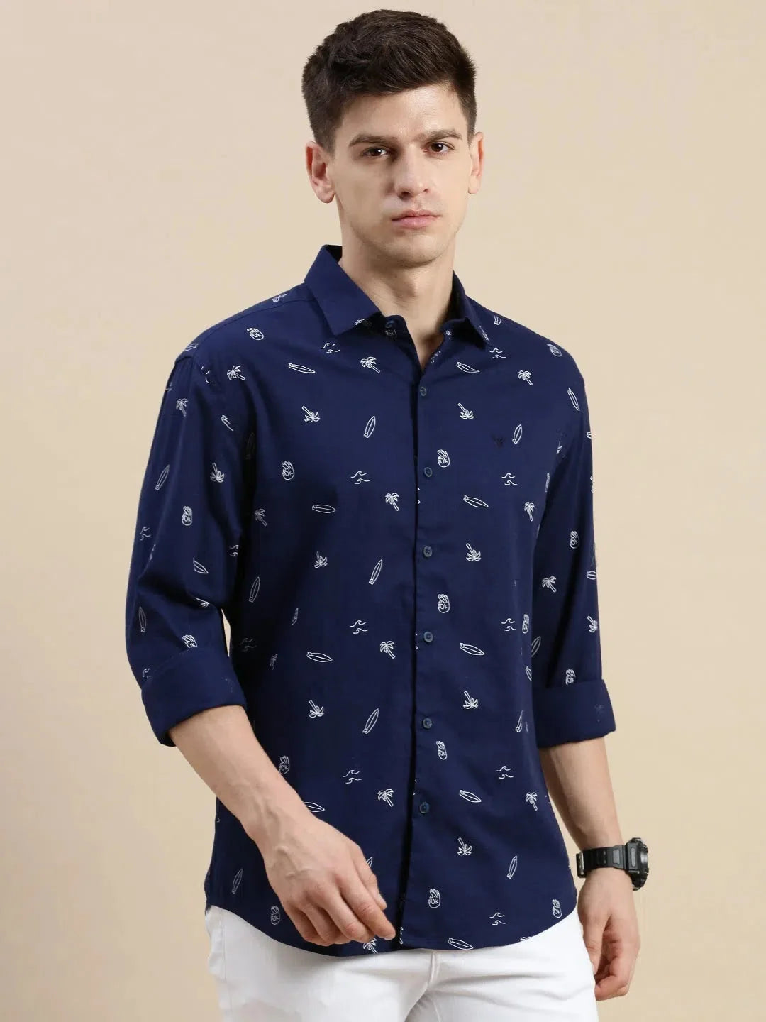 Navy Graphic Print Mens Shirt - DesiQlo Casual Cotton Shirt