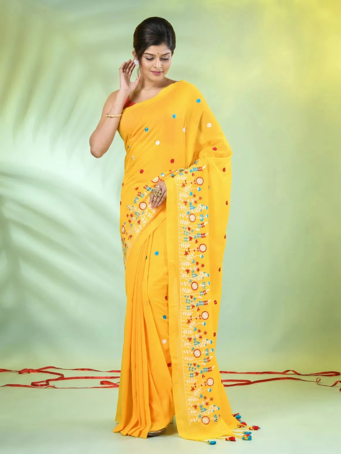 Embroidered Yellow Cotton Saree | Indian Sarees