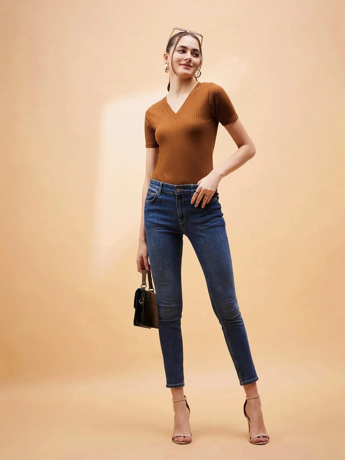 Brown Rib V-Neck Bodysuit | Women's Western Wear Outfits