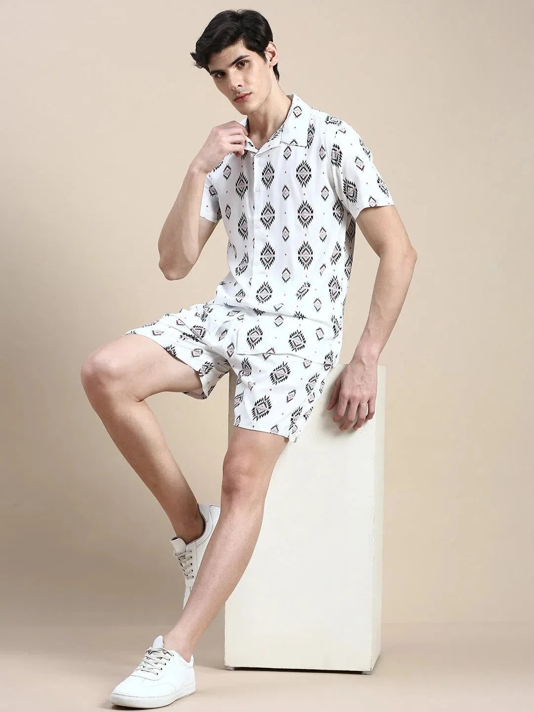 Men's White Printed Casual Co ord Sets | Cotton Two Piece Sets