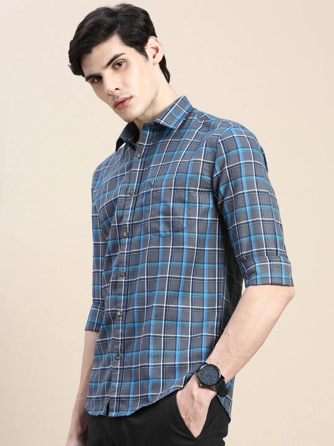 Grey Checked Cotton Mens Shirt - Casual Style