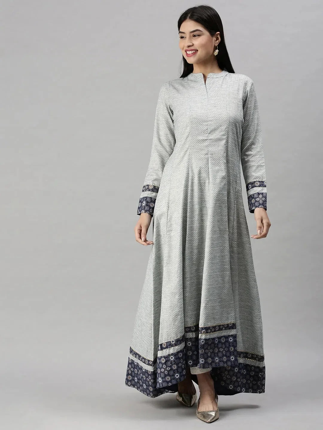 Blue Printed Anarkali Kurta - Women's Cotton Anarkali Dress