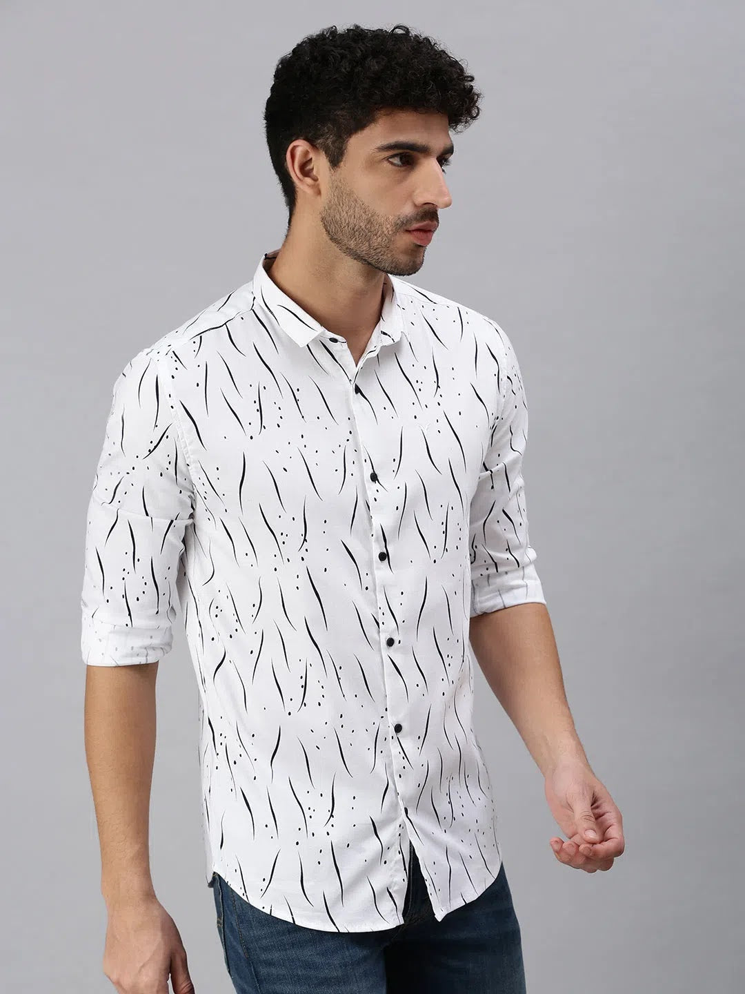 White Printed Cotton Shirt for Men | Casual Printed Mens Shirt