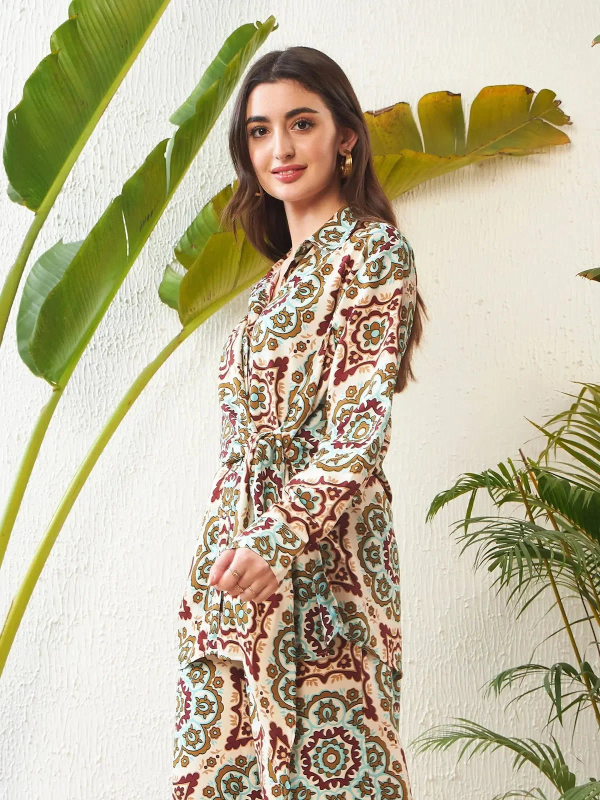 Tie-Waist Shirt | Women's Beige Ethnic Motif Georgette Tops