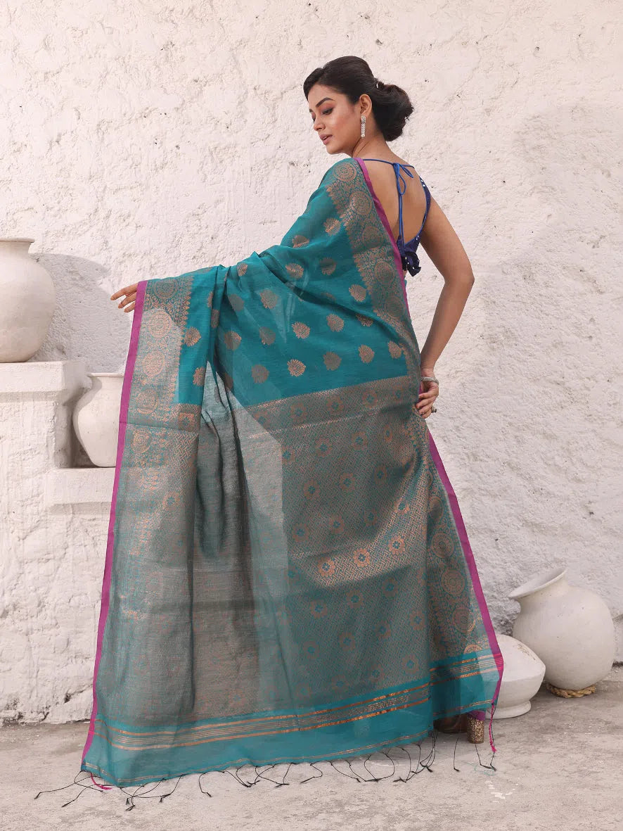 Teal Cotton Saree With Damask Motifs And Zari Border-MA54BCT04940053