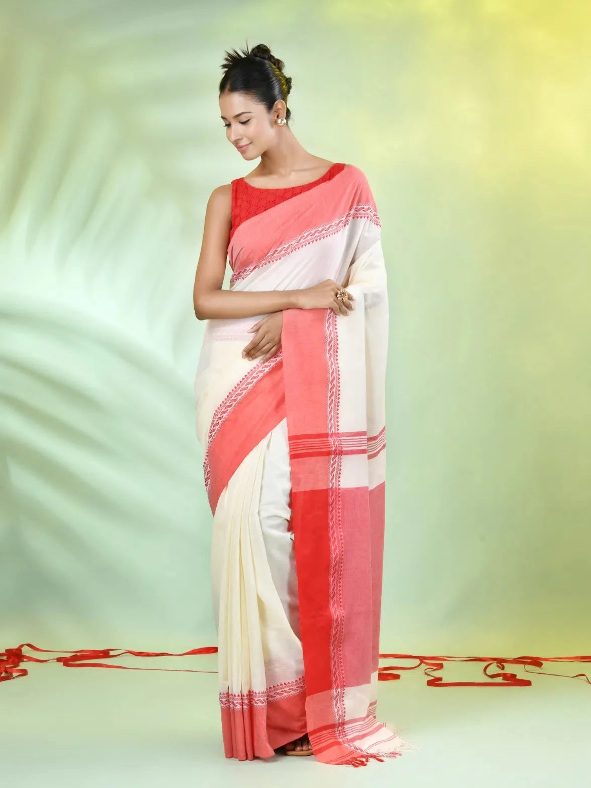 Off White Cotton Saree with Temple Border | Indian Sarees