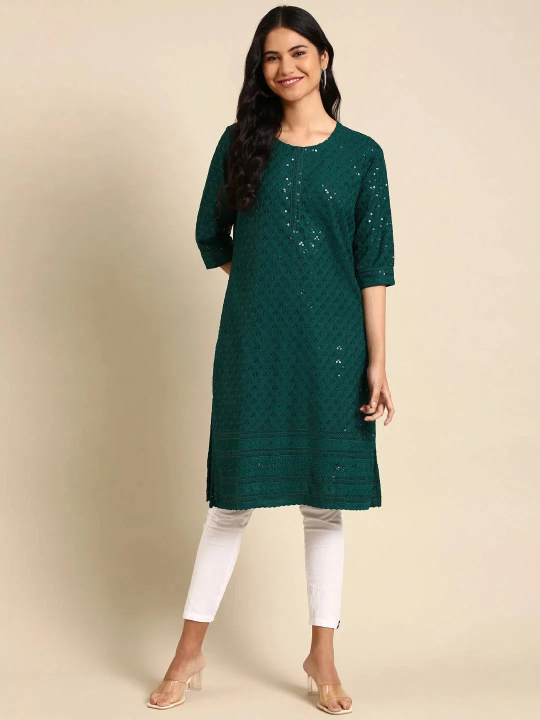 Green Embroidered Kurta | Ladies Indian Kurtas | DesiQlo