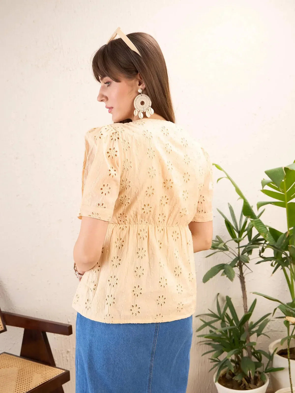 Beige Schiffli Wrap Peplum Top | Women's Western Outfits