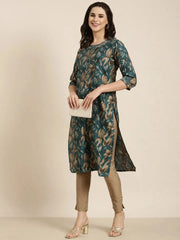 Women Straight Teal Floral Kurta-HO-460-Teal