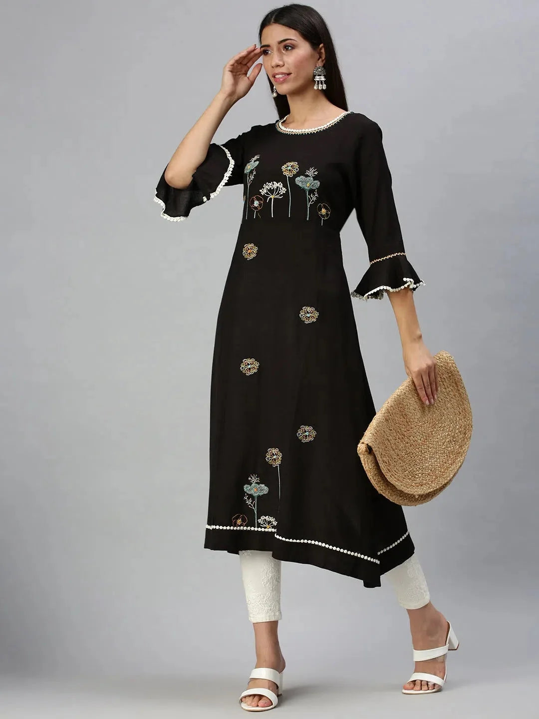 Elegant Black A-Line Indian Kurta for Ladies - Cotton Kurta